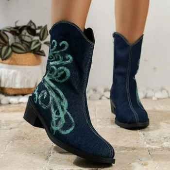 2023 Зимняя обувь, рыцарские сапоги с вышивкой до середины икры, ковбойские ботфорты с острым носком на массивном каблуке, модные женские ботинки в западном стиле