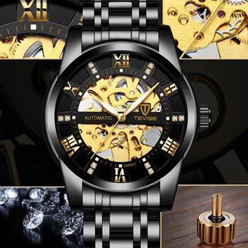 Мужские механические часы TEVISE 2020, черное золото, римские цифры, скелет из нержавеющей стали, роскошные часы, мужские Relogios Masculinos 2