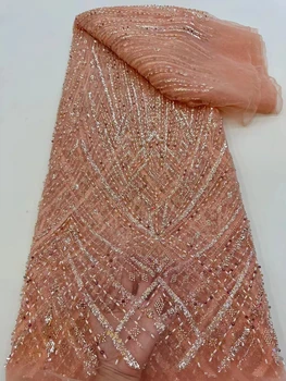 Модная Элегантная Ручная работа с бисером и пайетками Французское кружево Тюлевая ткань Африканское высококачественное сетчатое кружево для пошива свадебного платья 0
