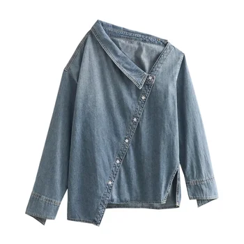 UNIZERA2023, Осенне-зимняя новинка, женская модная повседневная рубашка из выстиранной джинсовой ткани со свободным воротником и длинным рукавом 0