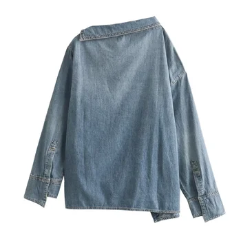 UNIZERA2023, Осенне-зимняя новинка, женская модная повседневная рубашка из выстиранной джинсовой ткани со свободным воротником и длинным рукавом 1