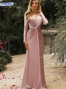 Классическое вечернее платье с длинным рукавом 2024, Сексуальное платье с глубоким V-образным вырезом, Элегантные платья трапециевидной формы длиной до пола, Vestidos De Novia