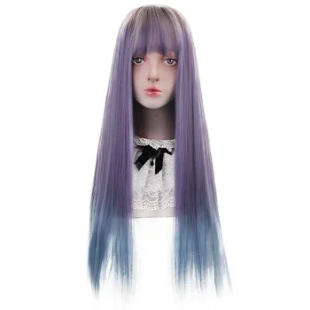 Шикарные Длинные Прямые синтетические парики в стиле Лолиты с челкой Фиолетово-синего цвета Омбре, костюмы на Хэллоуин, вечерние парики для косплея для женщин
