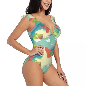 Женский сексуальный цельный купальник с рюшами 2023, женский купальник-единорог с радугой и звездами, монокини, купальный костюм, пляжная одежда