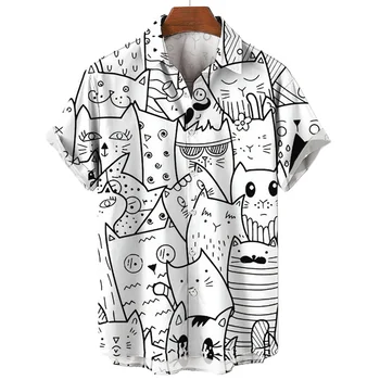 Гавайский Милый кот, 3D Печать, Рубашка с короткими рукавами, Мужская одежда, Блузка Harajuku Aloha, Летние Рубашки на пуговицах с мультяшными животными