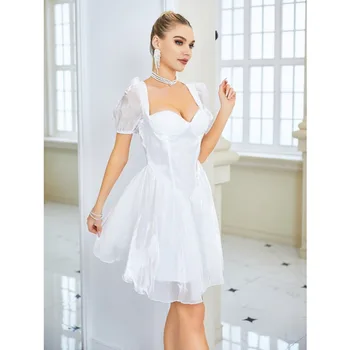 Элегантное вечернее платье с корсетом, Женское Сексуальное Вечернее платье с коротким пышным рукавом, V-образным вырезом, высокой талией и рюшами, приталенное Вечернее платье Y2K INS Clothes 2