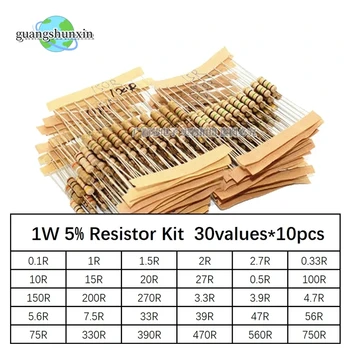 300ШТ Комплект резисторов 1 Вт 5% 30 значений X 10шт Сопротивление Углеродной пленки 0,1-750 Ом Комплект 0,1R - 750R