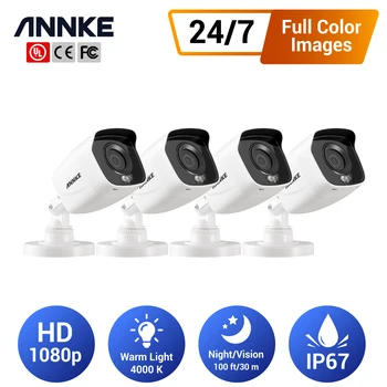 Камеры безопасности ANNKE 1080P Система видеонаблюдения с полноцветными изображениями 24/7 IP66 Наружные водонепроницаемые камеры видеонаблюдения 4ШТ
