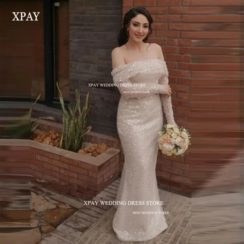 XPAY Сексуальные свадебные платья из блестящего тюля без бретелек с длинными рукавами Длиной до пола, свадебные платья Vestido de noiva на заказ 2023