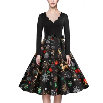 Зимние Рождественские платья Для женщин и девочек, винтажное элегантное вечернее платье с длинным рукавом, повседневное платье с принтом, черное 0