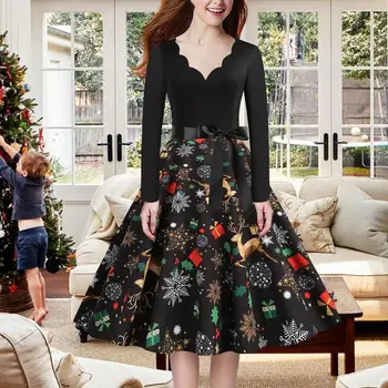Зимние Рождественские платья Для женщин и девочек, винтажное элегантное вечернее платье с длинным рукавом, повседневное платье с принтом, черное 4