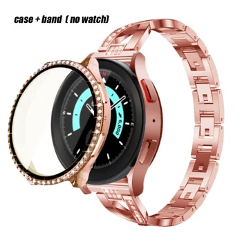 Ремешок и чехол Для Samsung Galaxy Watch 6 5 4 44 мм 40 мм Блестящий Металлический Ремешок для Galaxy Watch 4-Полосный Стеклянный Защитный чехол для экрана