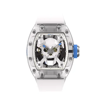CRONUSART Мужские автоматические часы 50 мм * 42 мм Роскошные Механические наручные часы Tonneau со светящимся ремешком из фторопласта с выдалбливаемым циферблатом в виде черепа