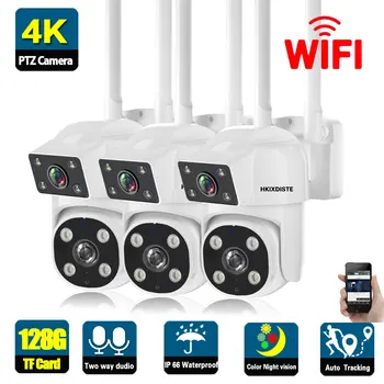 Наружная Wifi IP-камера безопасности 4K HD с двойным объективом, автоматическое отслеживание, PTZ Беспроводная камера видеонаблюдения, Цветная IP-камера ночного видения