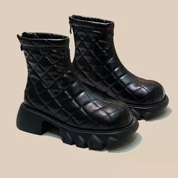 Прямая поставка Новых хлопчатобумажных ботинок на платформе с квадратным каблуком и застежкой-молнией в виде ромба, тонкие ботинки для сигарет, повседневные женские короткие ботинки Челси