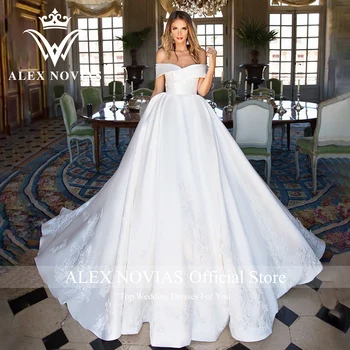 АЛЕКС НОВИАС Бальное Платье Атласное Свадебное Платье Высокого Качества 2023 Классический Вырез Лодочкой С Вышивкой Свадебное Платье Vestidos Novias De Saten 5