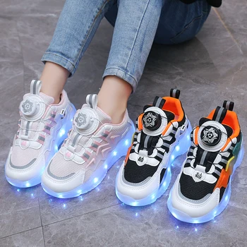 Вращающаяся кнопка зарядки, Красочная светодиодная светящаяся спортивная легкая обувь для мальчиков и девочек, Детская светящаяся повседневная обувь