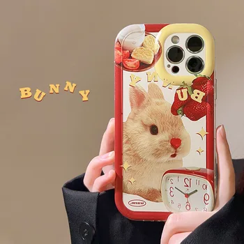 Кавайный Будильник Клубничный кролик Мультяшный Чехол Для Телефона Для iPhone 14 13 12 11 Pro Max 14 Plus Чехол Милый Ретро Противоударный Чехол
