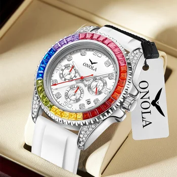 ONOLA Роскошные Часы Мужские С Автоматической Датой Силиконовый Ремешок Водонепроницаемые Часы Модные Радужные Бриллиантовые Кварцевые Наручные Часы Reloj 2023