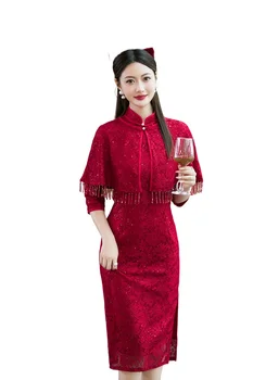 2023 Осень и зима, новое кружевное женское платье Ципао в китайском стиле средней длины с рукавом 3/4 из двух частей, улучшающее похудение, Чонсам