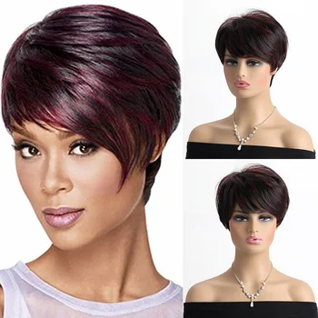 Черный, смешанный с фиолетово-красным, парик из синтетических волос, короткие прямые женские натуральные парики, Розовая сетка, повседневное использование, головной убор для вечеринки, косплей