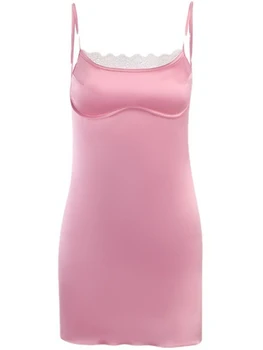 Сексуальное Кружевное Лоскутное Атласное Розовое Платье На Бретелях 2023 Coquette French Retro Girly Y2k Одежда Летние Повседневные Мини-Платья Для Пляжной Вечеринки 5