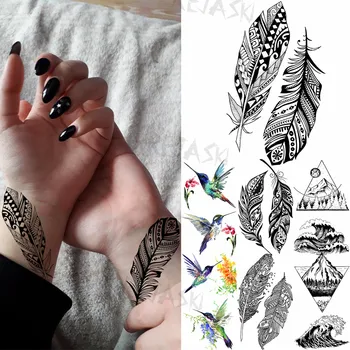 Временные татуировки с хной и пером на запястье Для женщин, взрослых, Колибри, горы, море, поддельные татуировки, боди-арт, стираемые татуировки