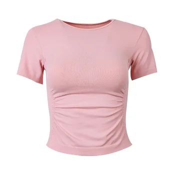 Женское бесшовное вязание для похудения с короткими рукавами, эластичная облегающая футболка для бега, фитнес-топ для йоги на талии 5