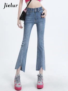 Jielur Новые тонкие женские джинсы с разрезом, Высокая талия, однотонные женские брюки-клеш с легкой растяжкой, Летние повседневные хлопковые джинсовые брюки 0