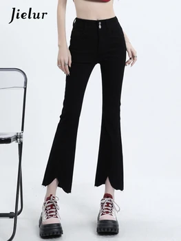 Jielur Новые тонкие женские джинсы с разрезом, Высокая талия, однотонные женские брюки-клеш с легкой растяжкой, Летние повседневные хлопковые джинсовые брюки 1