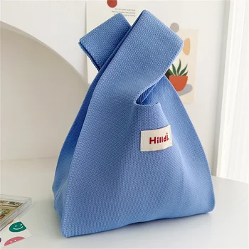Однотонная вязаная сумка ручной работы, женская сумка с мини-узлом, японская сумка в широкую полоску, Студенческие сумки для покупок многоразового использования. 2