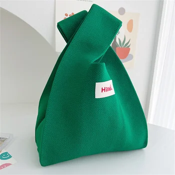 Однотонная вязаная сумка ручной работы, женская сумка с мини-узлом, японская сумка в широкую полоску, Студенческие сумки для покупок многоразового использования. 3