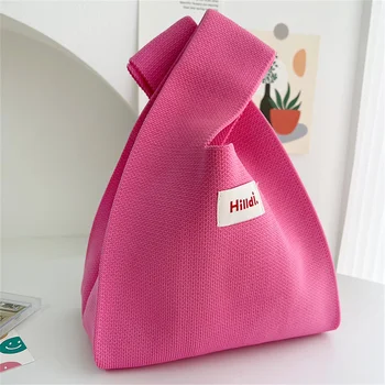 Однотонная вязаная сумка ручной работы, женская сумка с мини-узлом, японская сумка в широкую полоску, Студенческие сумки для покупок многоразового использования. 4