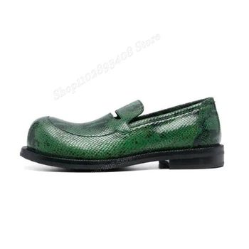 Мужские модельные туфли с зеленым рисунком Питона, Кожаные Лоферы без застежки на плоской подошве с круглым носком, Деловая мужская обувь, Новинка 2023 года, Zapatillas Mujer