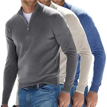 Новый осенний Мужской повседневный свитер с длинными рукавами и V-образным вырезом на флисовой молнии, рубашка-поло, однотонный эластичный Тонкий теплый свитер