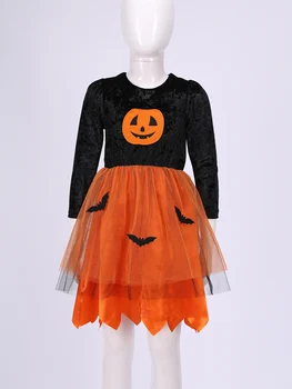 Костюм Тыквенной летучей мыши для маленьких девочек, Бархатное Тюлевое платье-пачка с длинным рукавом, тематическая вечеринка на Хэллоуин, Маскарадный костюм для косплея