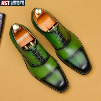 Мужская обувь в деловом стиле Зеленые официальные модельные туфли на шнуровке Мужские оксфорды Обувь Высококачественная кожаная обувь для мужчин Лоферы