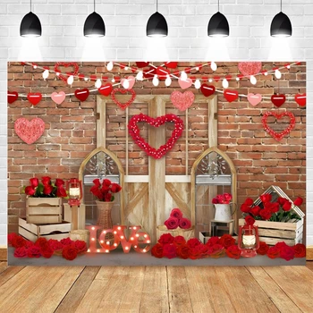 Фон для фотосъемки на День Святого Валентина, кирпичная стена, деревянная дверь, Красная роза, огни в виде сердца любви, декор для фотосъемки на День рождения ребенка 0