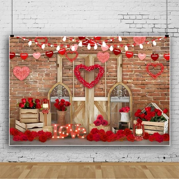 Фон для фотосъемки на День Святого Валентина, кирпичная стена, деревянная дверь, Красная роза, огни в виде сердца любви, декор для фотосъемки на День рождения ребенка 1