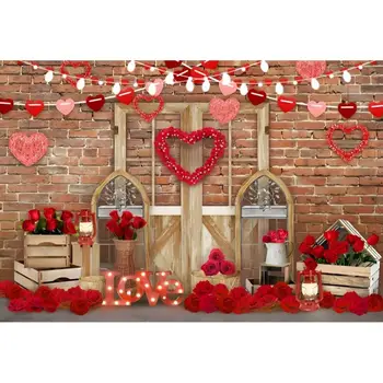 Фон для фотосъемки на День Святого Валентина, кирпичная стена, деревянная дверь, Красная роза, огни в виде сердца любви, декор для фотосъемки на День рождения ребенка 3