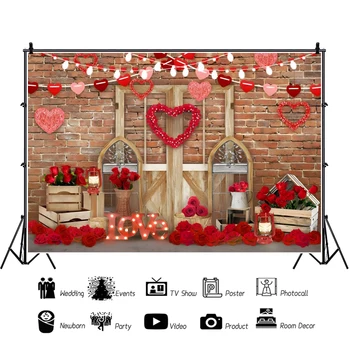 Фон для фотосъемки на День Святого Валентина, кирпичная стена, деревянная дверь, Красная роза, огни в виде сердца любви, декор для фотосъемки на День рождения ребенка 4