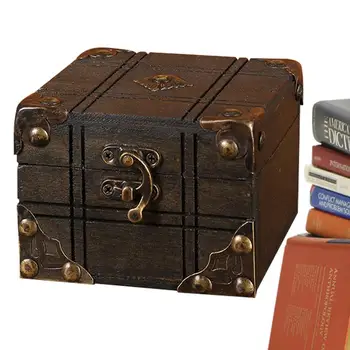 Мини-деревянный ящик для хранения Винтажный ящик с замком для сокровищ Ретро Ящик для хранения ювелирных изделий Шкатулка с сокровищами Настольный органайзер для дома Подарок для детей