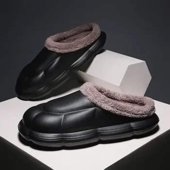 Мужские тапочки черного цвета, рекомендованные новые слипоны с круглым носком, повседневные, на плоской подошве, модные, сохраняющие тепло, модные зимой, плюс бархатный стиль, универсальные