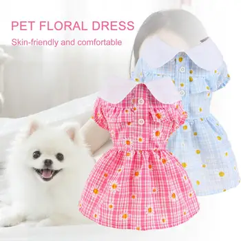 Платье для домашних животных с отложным воротником, пуловер с коротким рукавом, юбка в клетку с цветочным принтом, Летняя одежда, свадебная одежда на открытом воздухе
