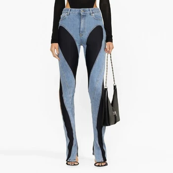 2024 Новые женские брюки Y2k нишевого дизайна Ретро контрастного цвета, сращивание, застиранный разрез для ног, Высокая талия, повседневные универсальные хлопчатобумажные джинсы 0