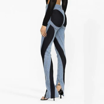 2024 Новые женские брюки Y2k нишевого дизайна Ретро контрастного цвета, сращивание, застиранный разрез для ног, Высокая талия, повседневные универсальные хлопчатобумажные джинсы 1