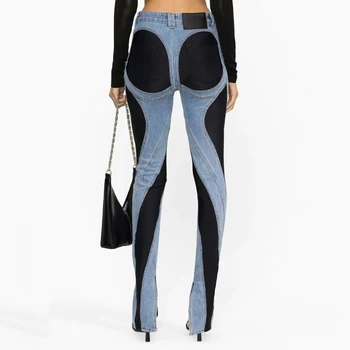 2024 Новые женские брюки Y2k нишевого дизайна Ретро контрастного цвета, сращивание, застиранный разрез для ног, Высокая талия, повседневные универсальные хлопчатобумажные джинсы 2