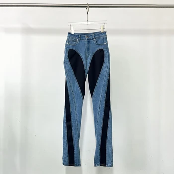 2024 Новые женские брюки Y2k нишевого дизайна Ретро контрастного цвета, сращивание, застиранный разрез для ног, Высокая талия, повседневные универсальные хлопчатобумажные джинсы 3
