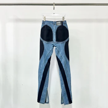 2024 Новые женские брюки Y2k нишевого дизайна Ретро контрастного цвета, сращивание, застиранный разрез для ног, Высокая талия, повседневные универсальные хлопчатобумажные джинсы 4