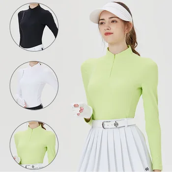 Blktee Осенняя женская футболка для гольфа с длинным рукавом, женские топы с воротником-стойкой на молнии, женская эластичная тонкая рубашка, мягкая повседневная спортивная одежда для девочек